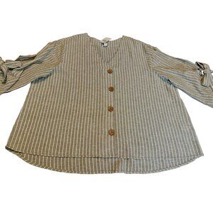 Cato Peasant Top Linen/Cotton Natural Boho Lagenlook 18/20W Olive Green Striped